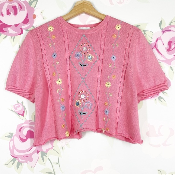 Alfred Dunner Tops - Vintage Style Pink Floral Grannycore Embroidered Knit Crop Top S